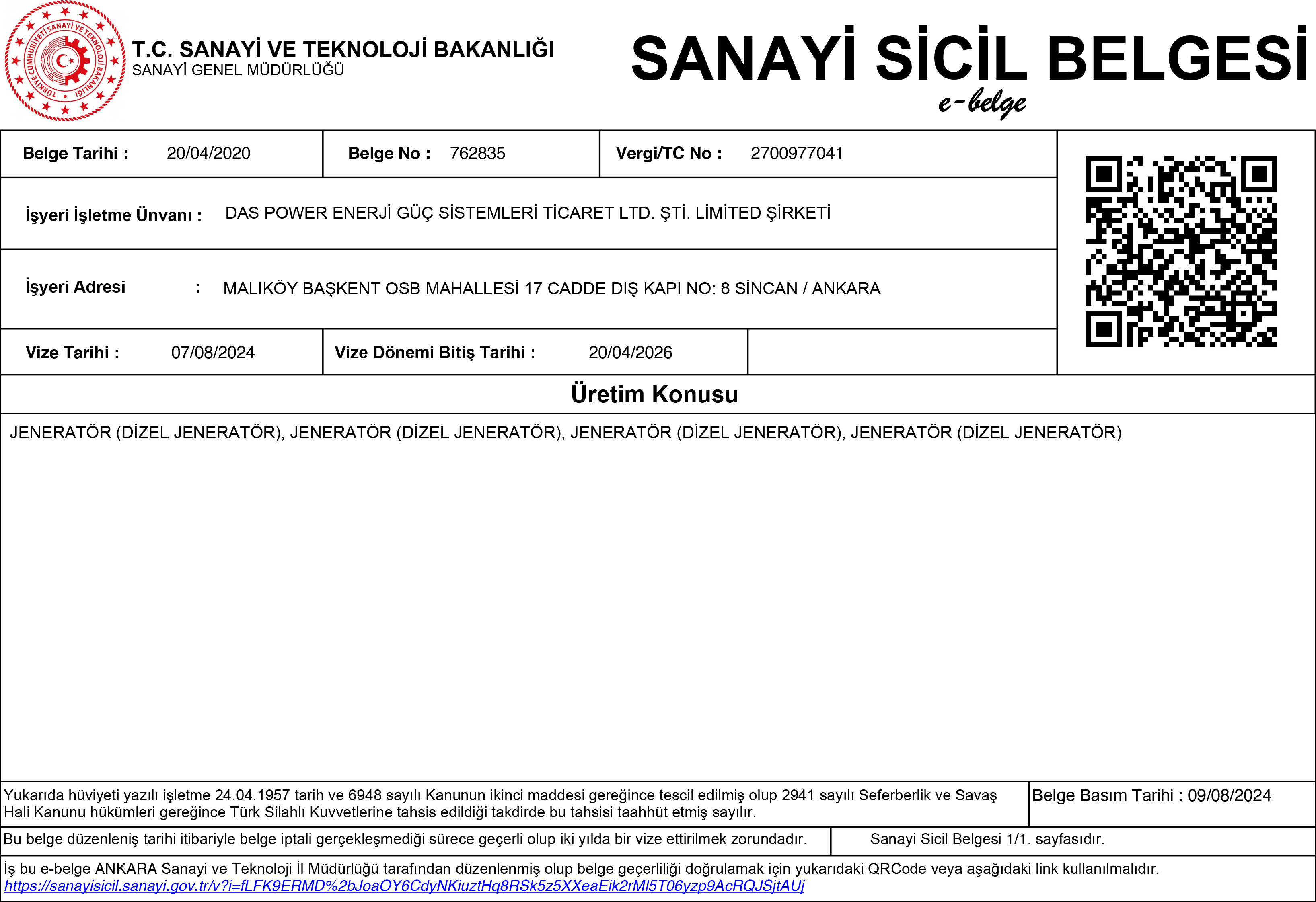 Sanayi Sicil Belgesi